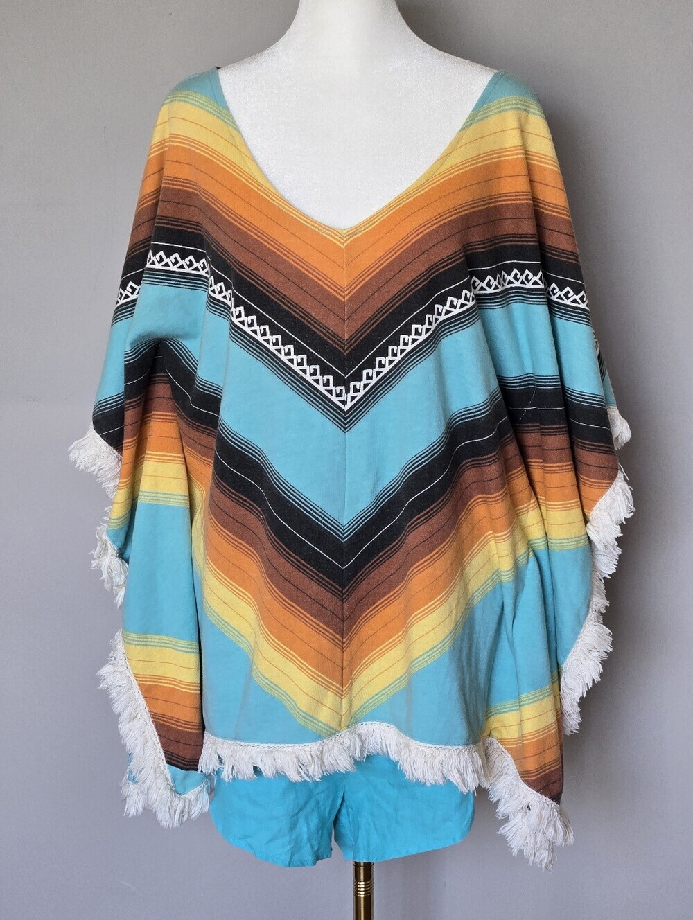 Billabong Western Boho Striped Fringe French Terry Poncho Beach Cover-Up S/M - Picture 7 of 10